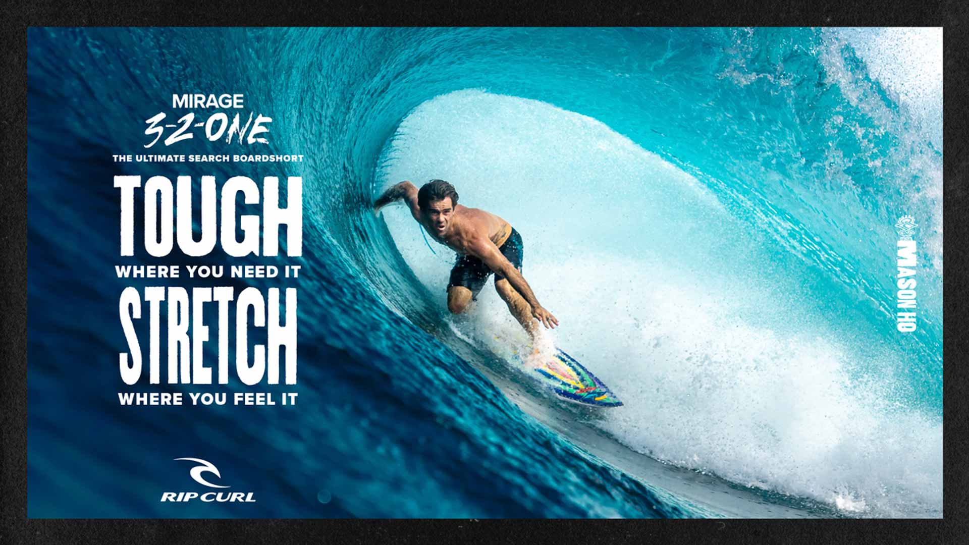 Mason Ho surfing with text overlay 