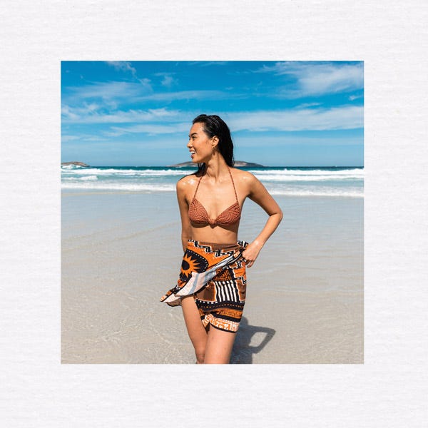 Crystal Ngo wearing a Rip Curl bikini and sarong in Western Australia