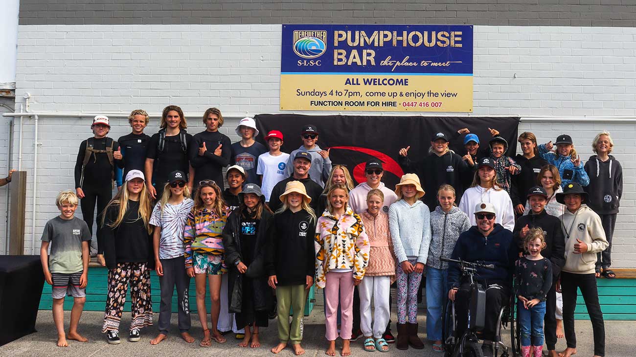 Rip Curl GromSearch competitors posing with Jack Baker and Tyler Wright