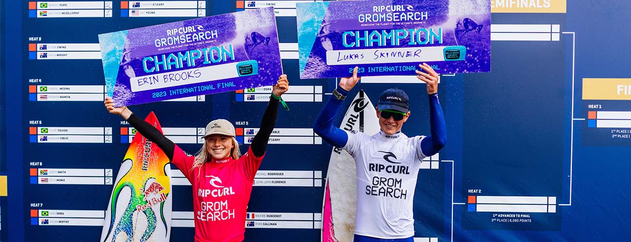 Winners Erin Brooks and Lukas Skinner up on the podium at the Rip Curl Pro Bells Beach