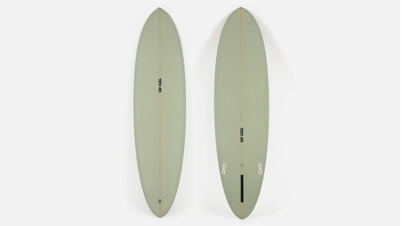 Rip Curl Surfboards "Mid Length" in green and white.