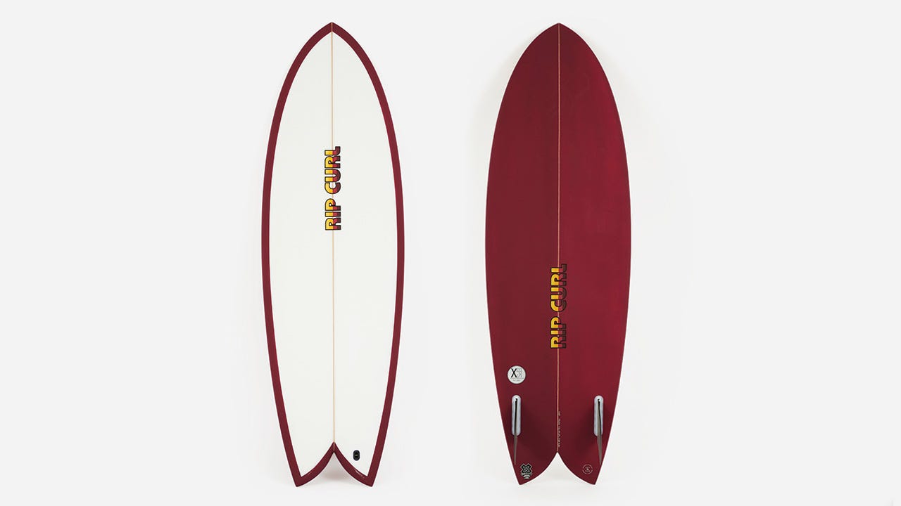 Rip Curl Surfboards "Twin EPS" in maroon and white.