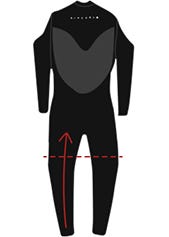 Empty wetsuit face down with dotted line superimposed just above the knee